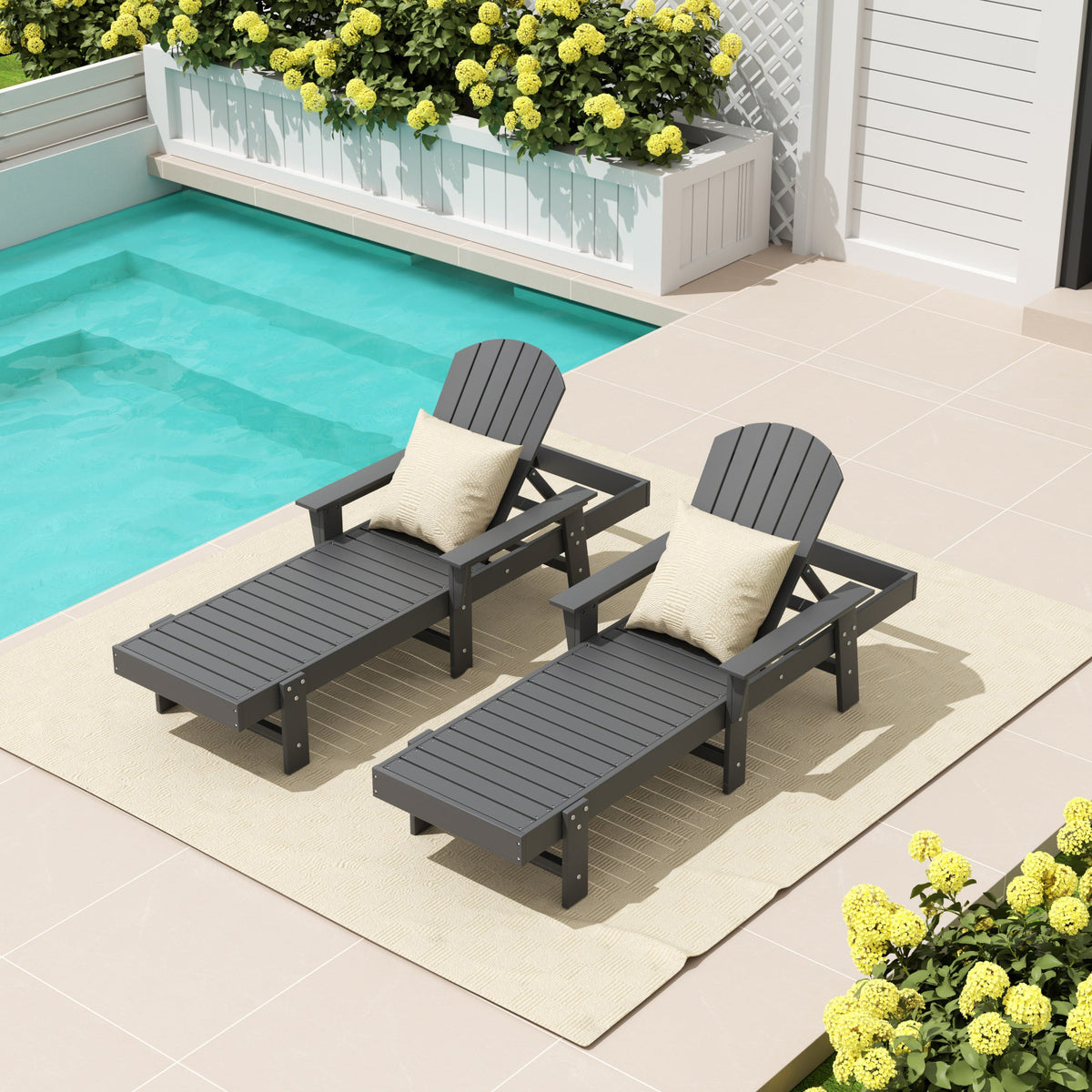 Dylan Adirondack reclining chaise lounge with arms in Gray styled outdoors