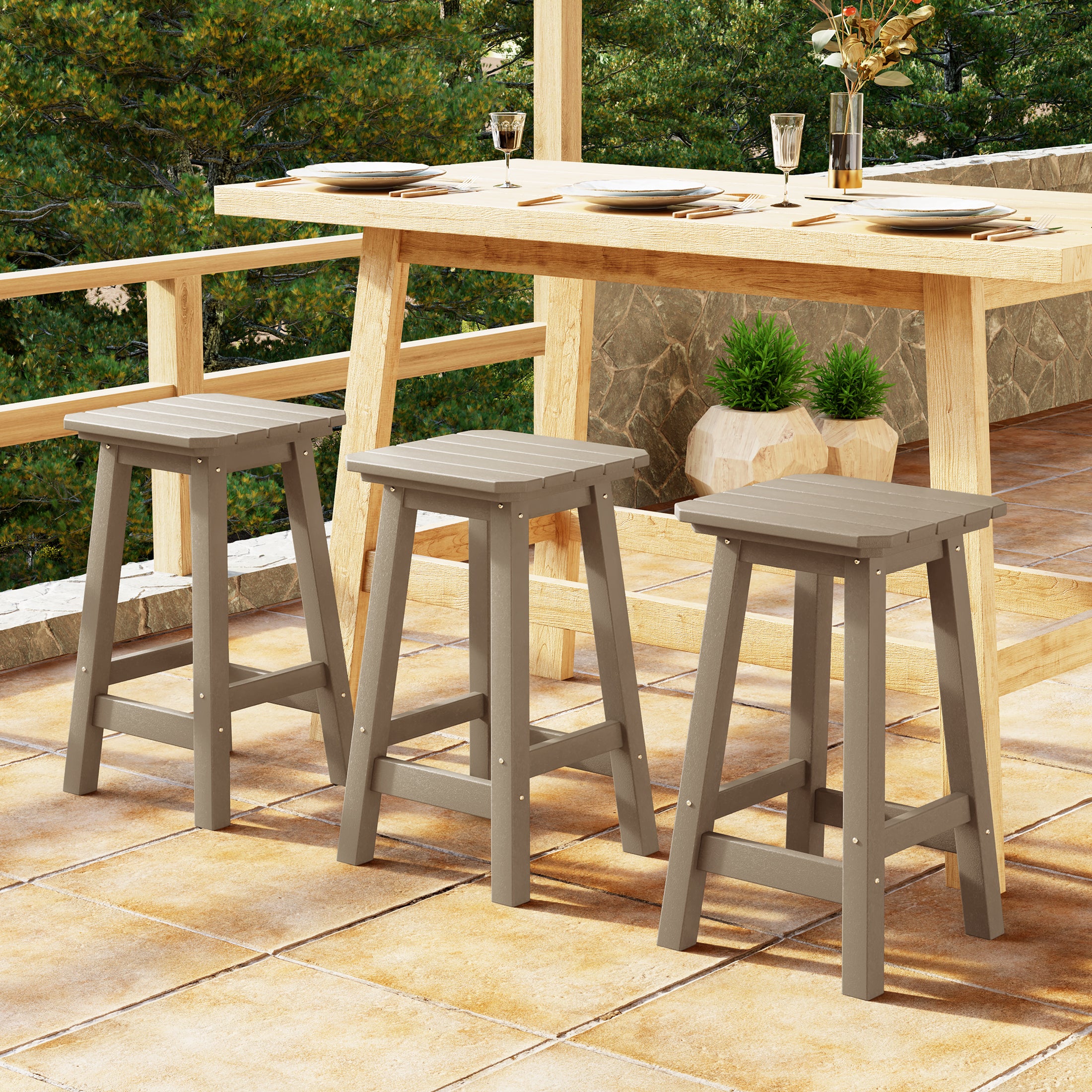 Malibu 24" HDPE Outdoor Patio Counter High Backless Square Bar Stools Set of Three