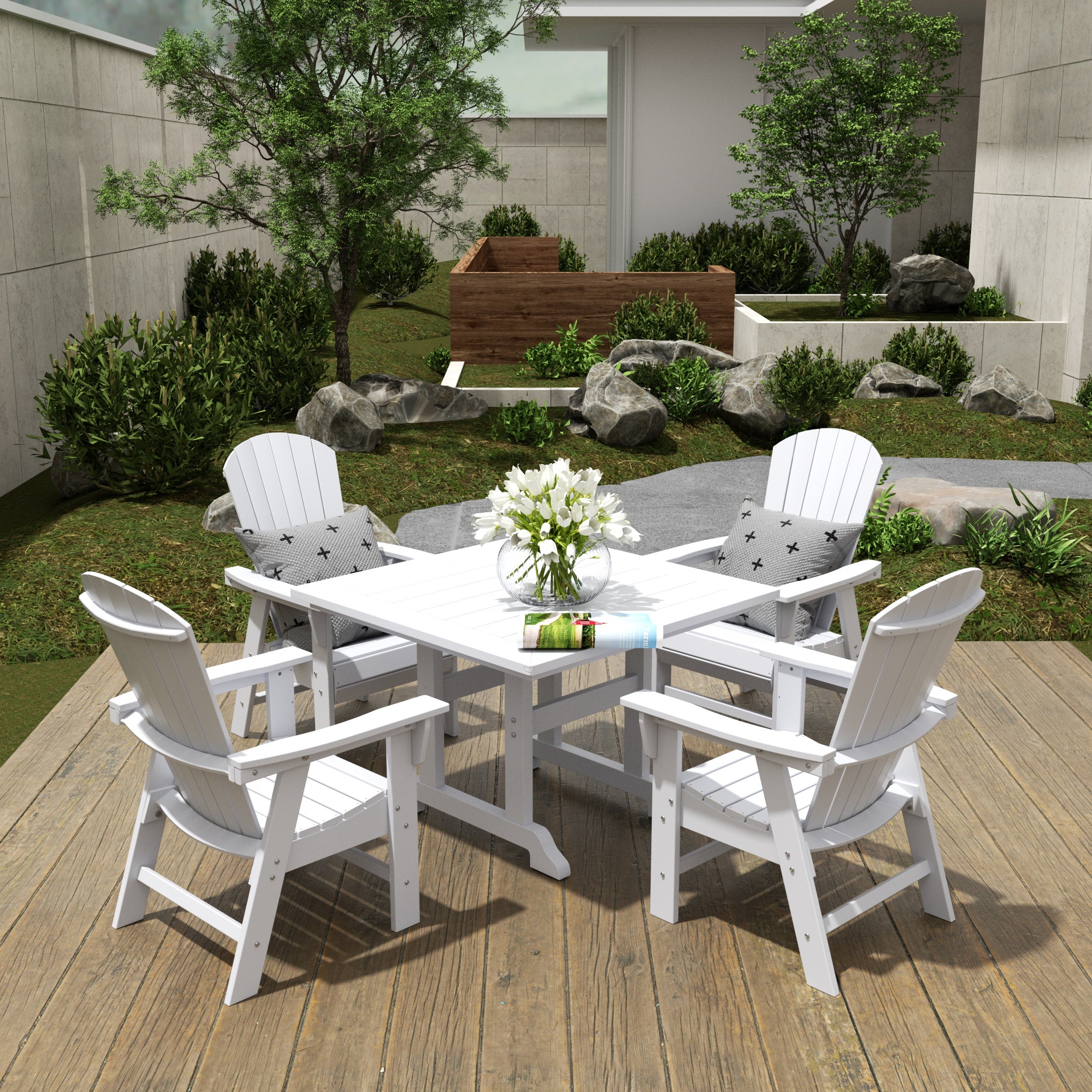 Dylan 5 Piece Outdoor Patio Dining Square Table and Shell Back Armchair Set