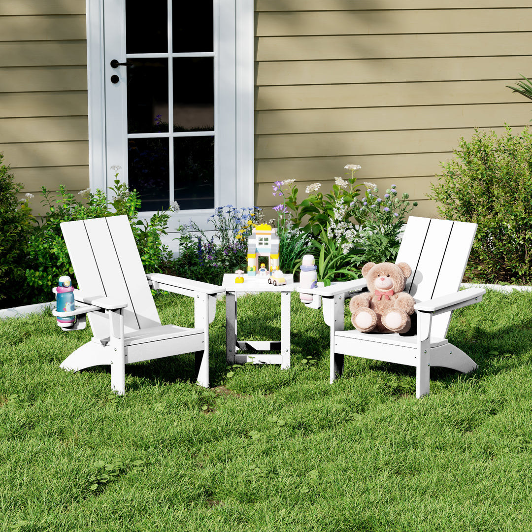 Ashore 3-Piece Kids HDPE Modern Adirondack Chairs Set with Square Side Table and Cup Holders