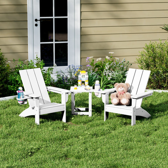 Ashore 3-Piece Kids HDPE Modern Adirondack Chairs Set with Square Side Table and Cup Holders