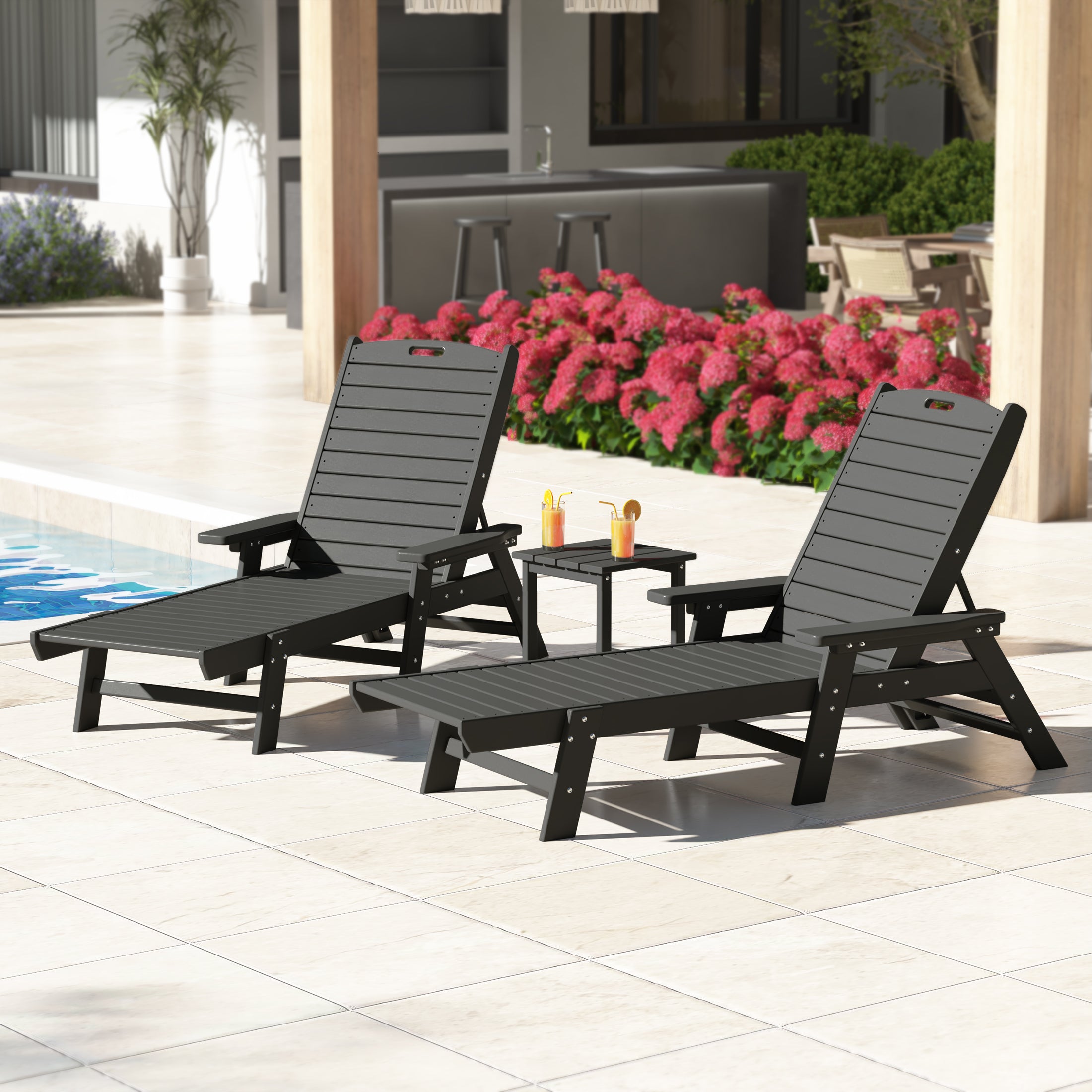 Malibu Poly Reclining Chaise Lounge Set With Table