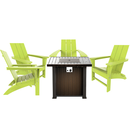 Ashore Modern Folding Poly Adirondack Chair With Square Fire Pit Table Set