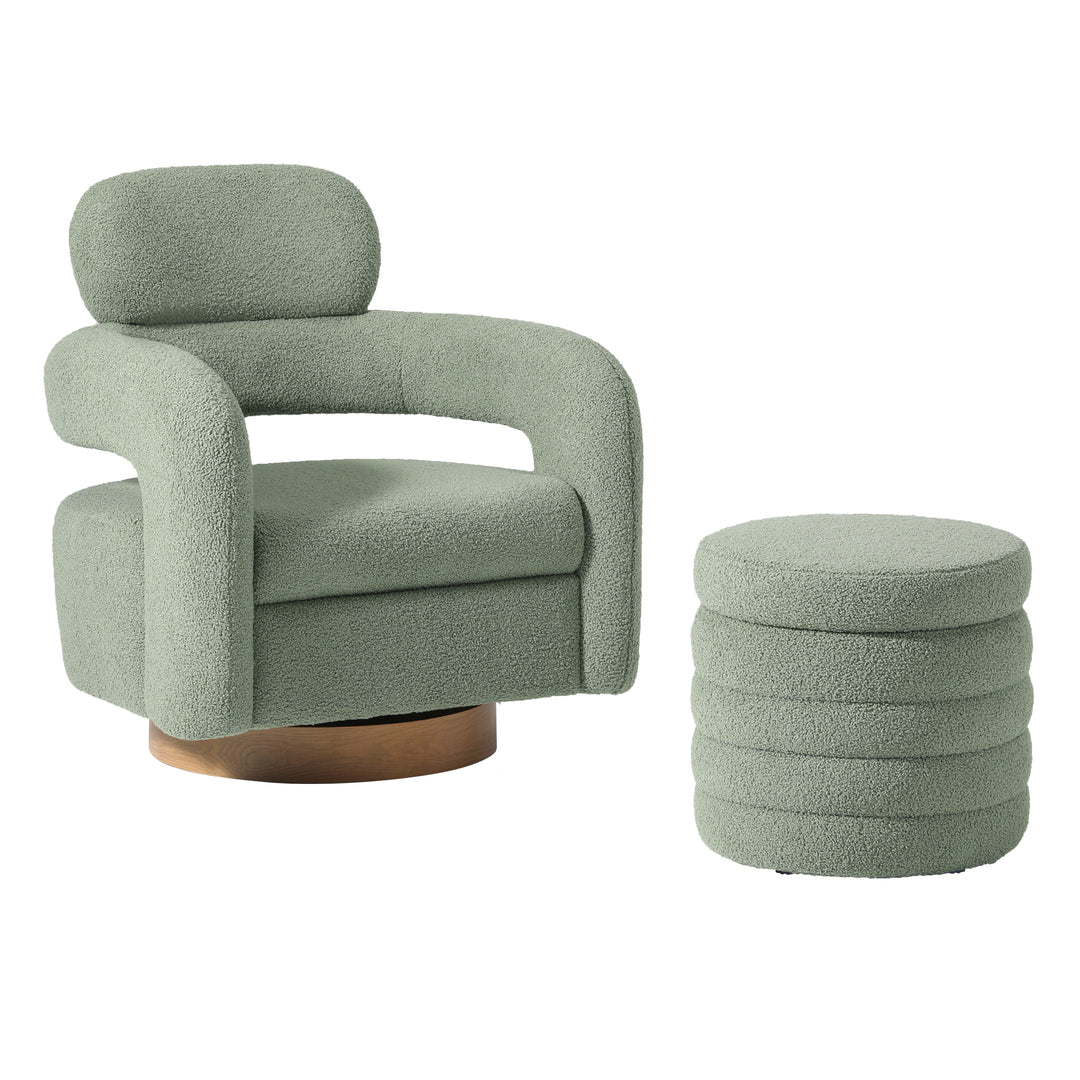 Alexandria Mid-Century Modern Sherpa Swivel Barrel Accent Chair With Storage Ottoman