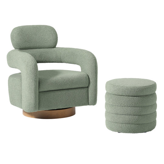 Alexandria Mid-Century Modern Sherpa Swivel Barrel Accent Chair With Storage Ottoman