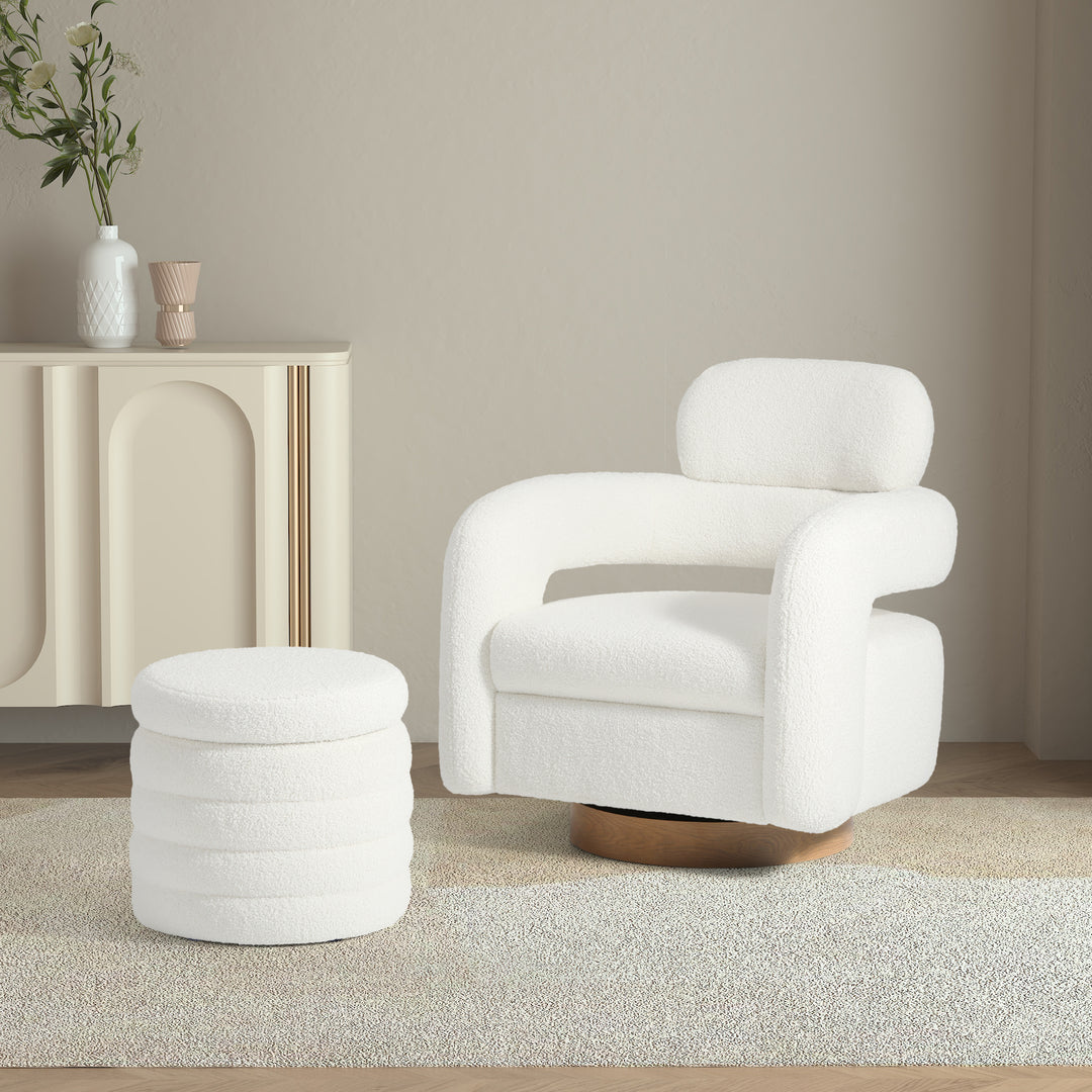 Alexandria Mid-Century Modern Sherpa Swivel Barrel Accent Chair With Storage Ottoman