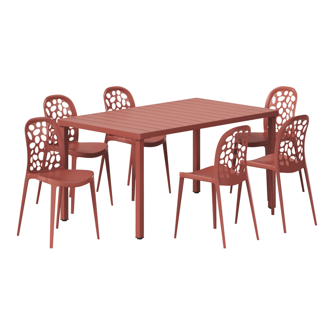 Playa 7-Piece Outdoor Metal Rectangle Patio Dining Table Set With Stackable Patio Dining Side Chairs