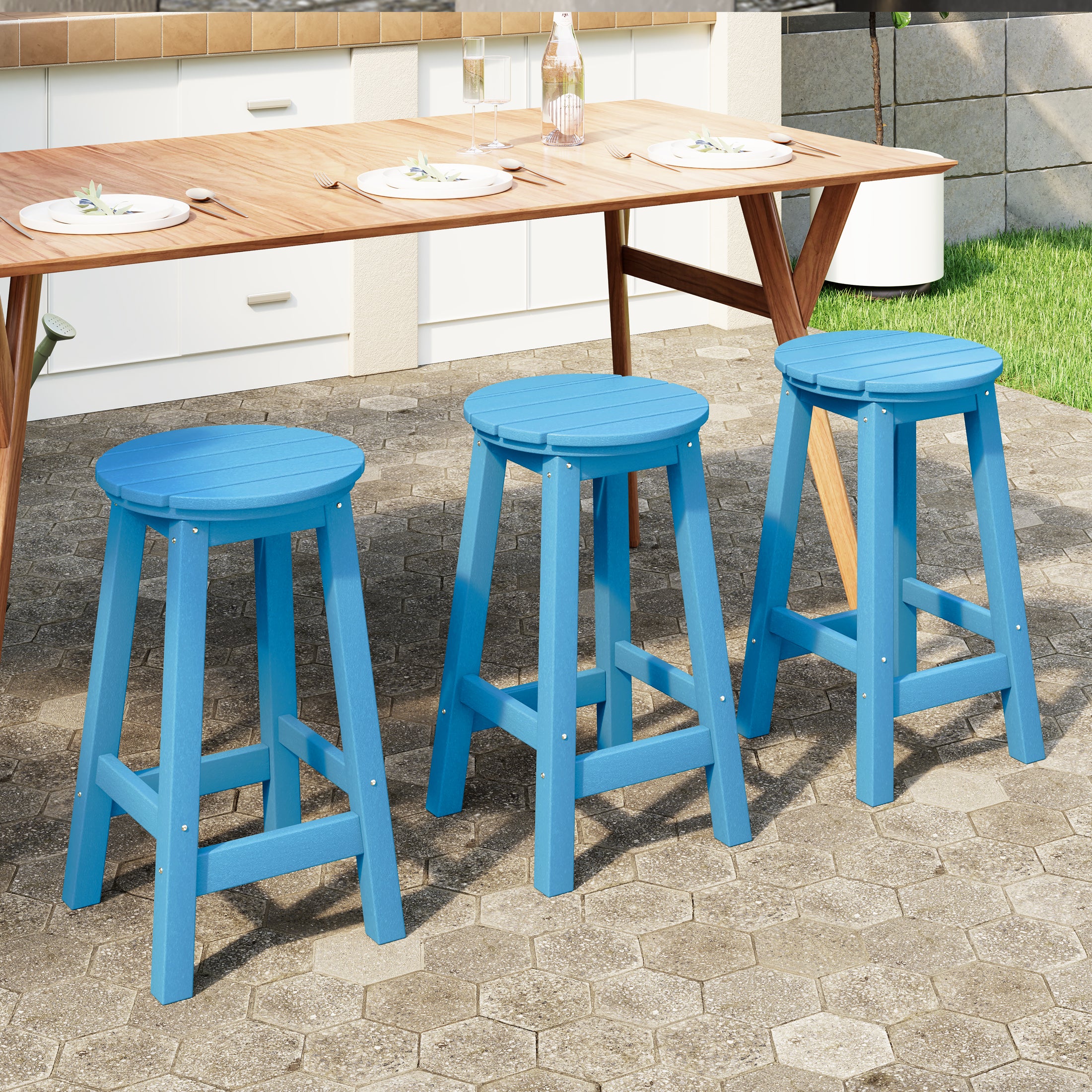 Malibu 24" HDPE Outdoor Patio Round Counter Height Bar Stool Set of 3