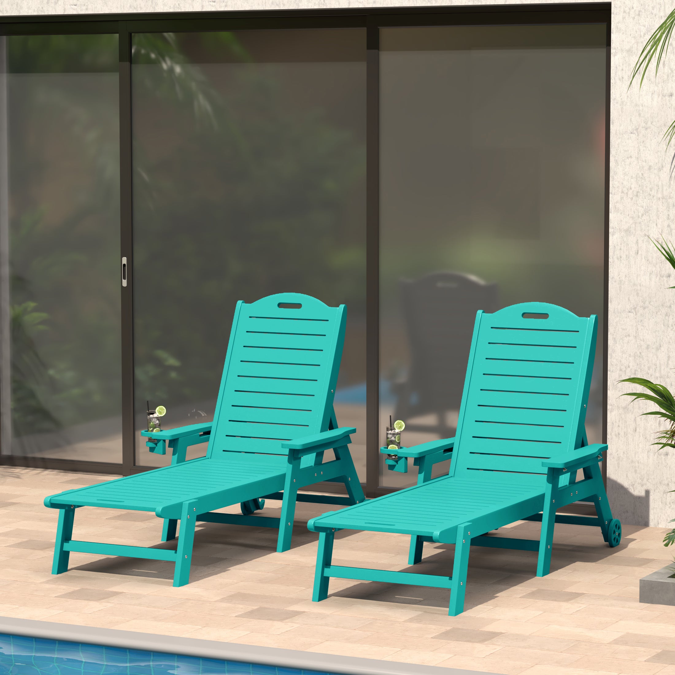 Aruba Outdoor HDPE Patio Chaise Lounges With Wheels & Cup Holder (Set of 2)
