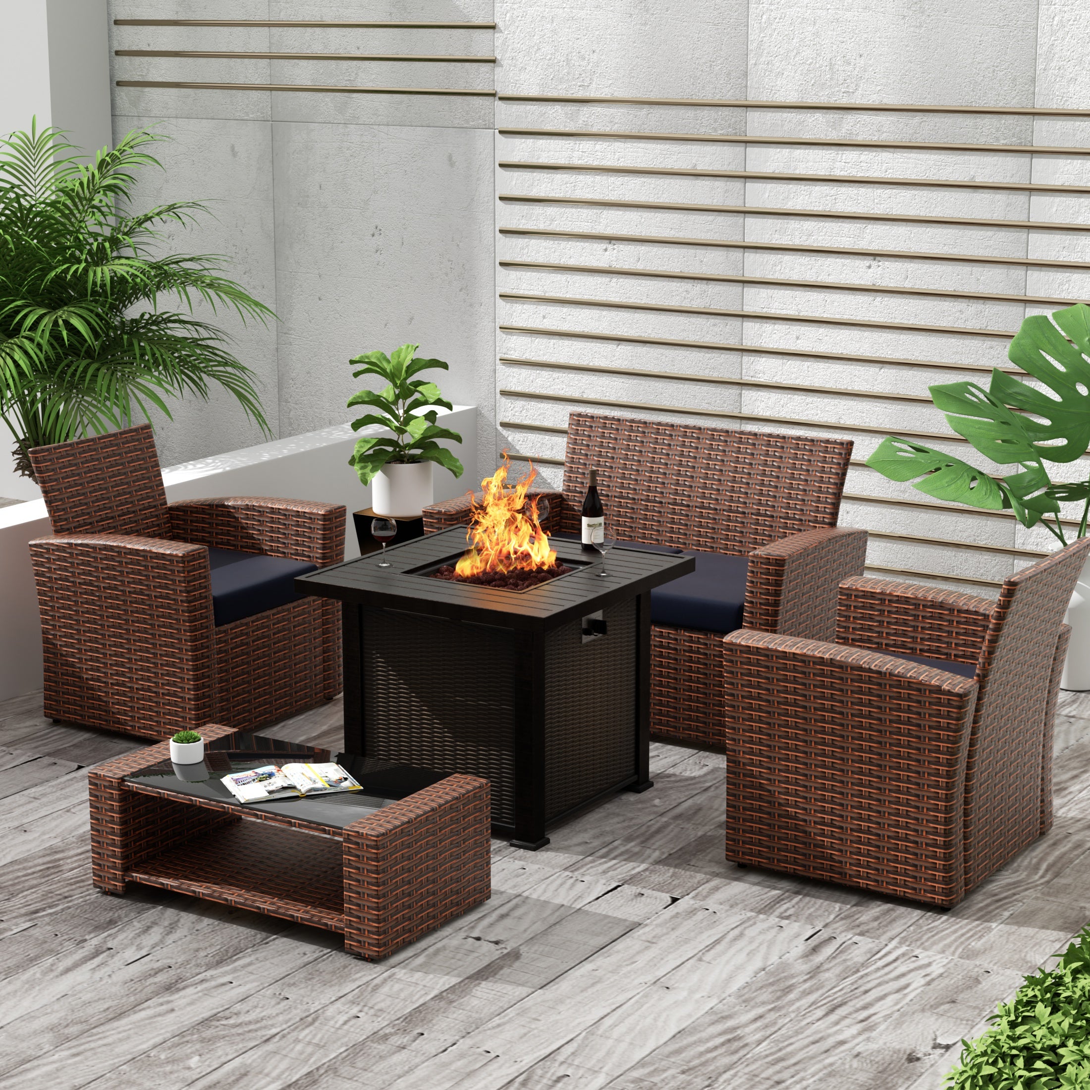 Coastal 4-Piece Conversation Outdoor Patio Sofa Set with Square Fire Pit Table, Brown