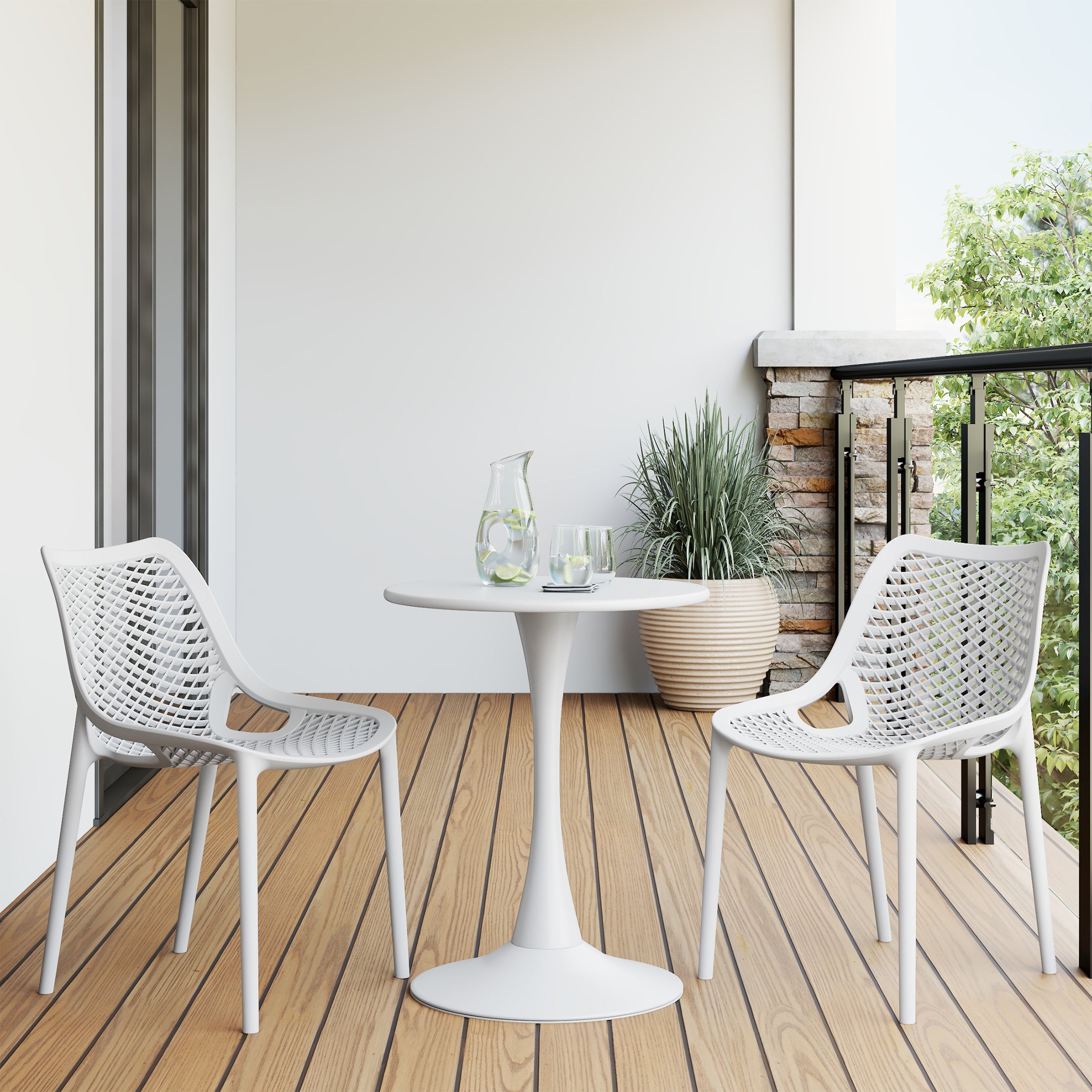 Playa 3-Piece Outdoor Round Metal Dining Table Set And Stackable Resin Patio Dining Side Chairs