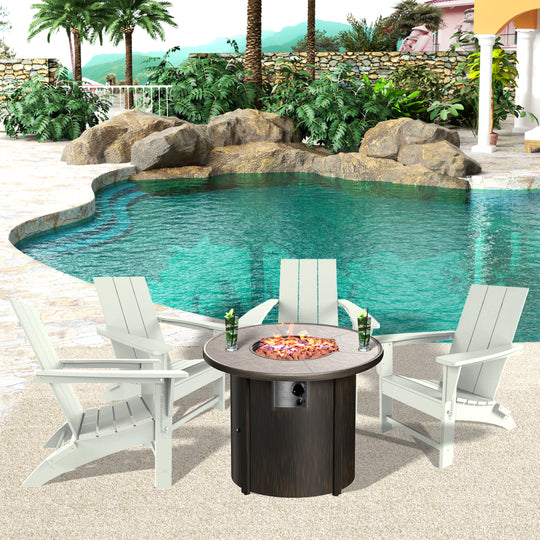 Ashore Modern Folding Poly Adirondack Chair With Round Fire Pit Table