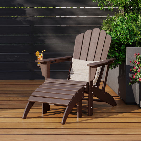 Highland 2-Piece Outdoor Patio HDPE Adirondack Chair With Ottoman and Cup Holder Set
