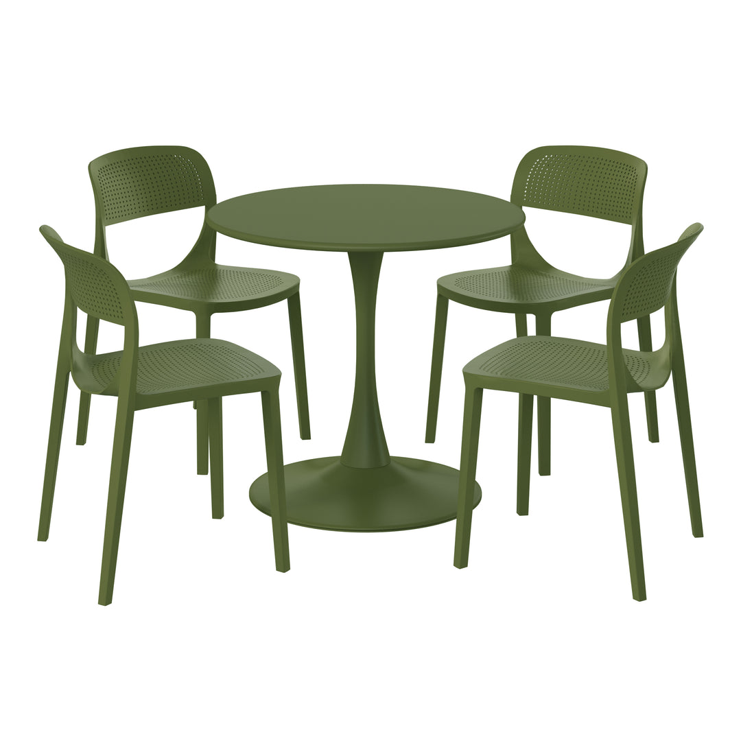 Playa 5-Piece Round Metal Bistro Dining Table Set And Stackable Resin Patio Dining Side Chairs
