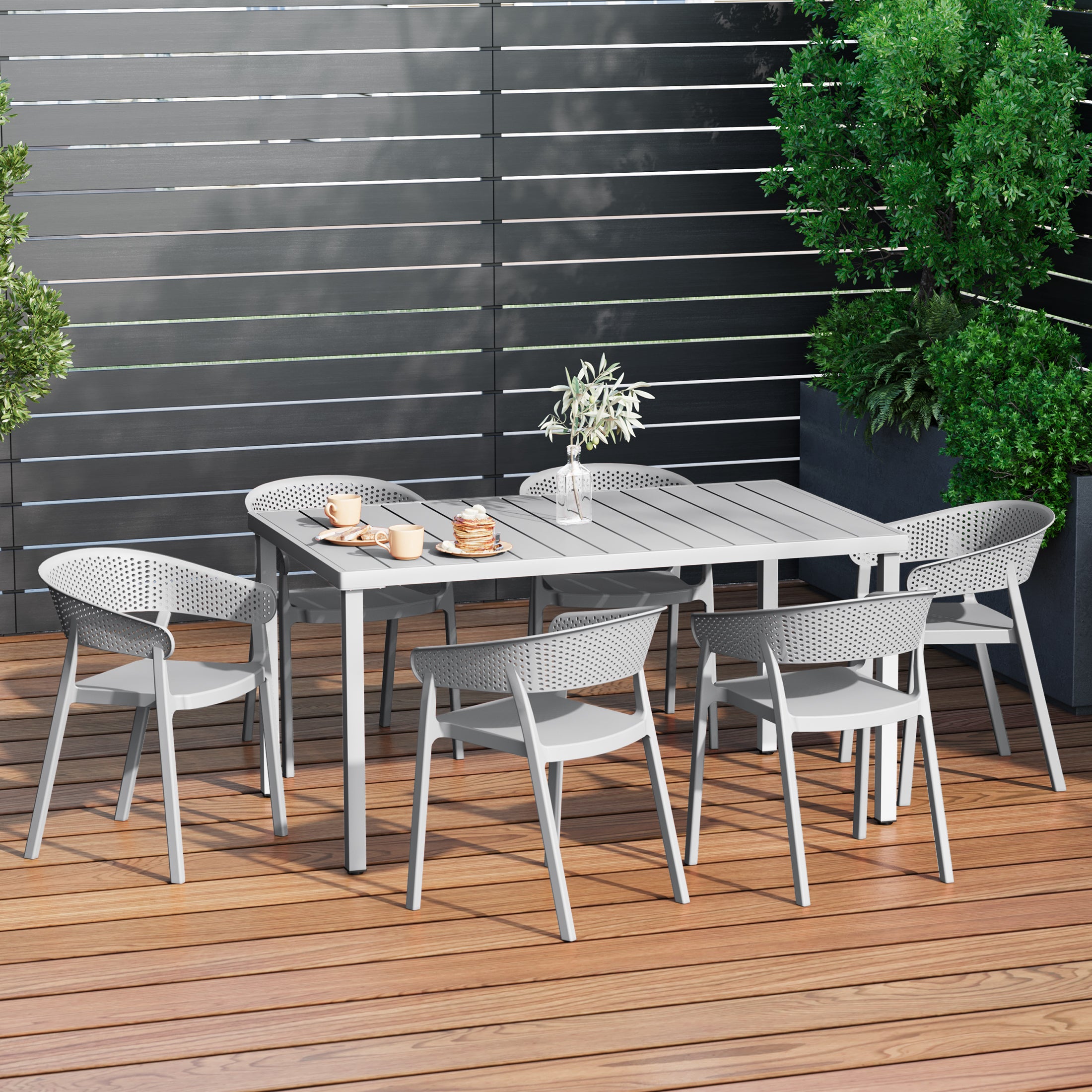 Playa 7-Piece Outdoor Metal Rectangle Patio Dining Table Set With Stackable Patio Dining Chairs