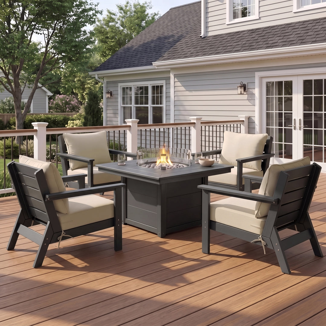 Avalon 5-Piece HDPE Patio Conversation Set with Cushions &amp; Square 42" Fire Pit Table