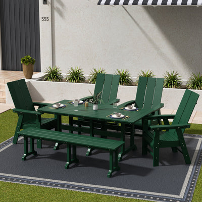 Ashore 6 Piece Outdoor Patio Rectangle Dining Table and Dining Bench Modern Armchair Set
