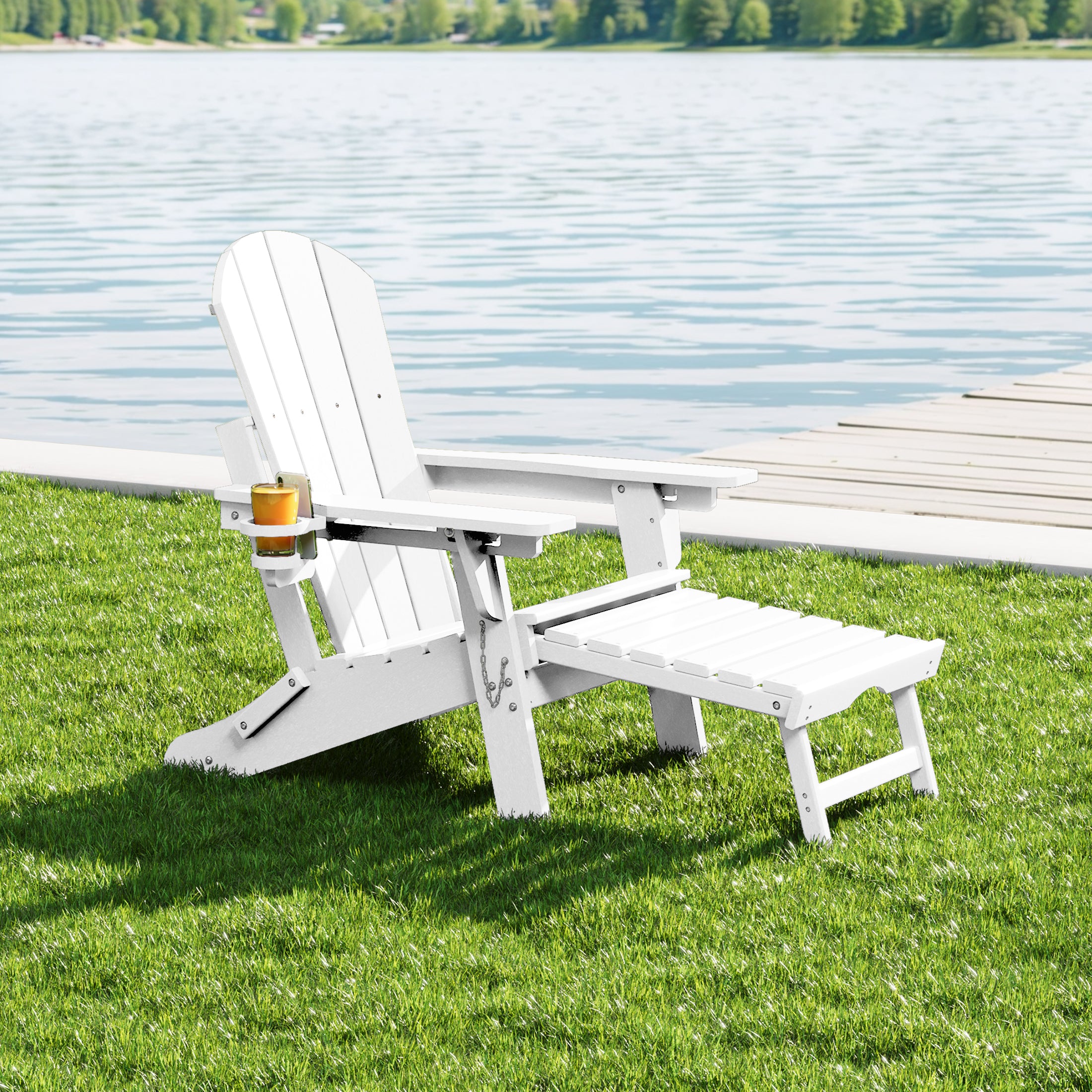 Malibu Folding Adjustable Adirondack Chair with Retractable Ottoman and Cup Holder