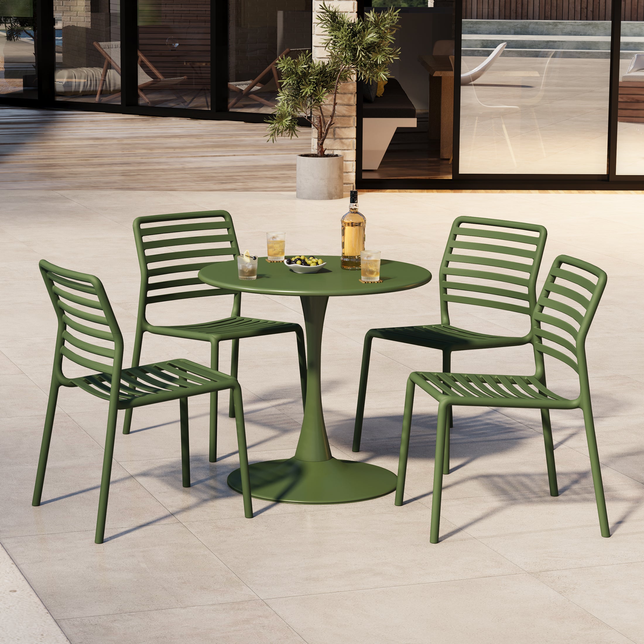 Playa 5-Piece Outdoor Indoor Metal Patio Dining Table Set With Stackable Plastic Patio Side Chairs
