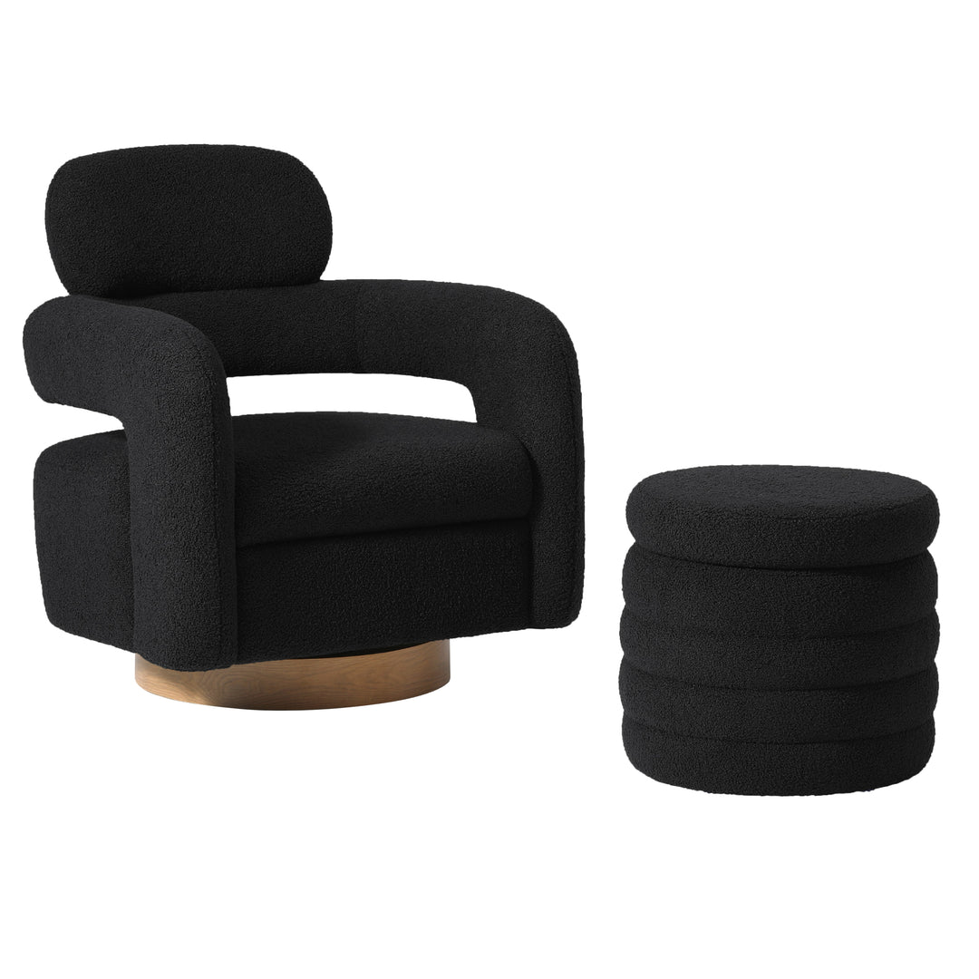 Alexandria Mid-Century Modern Sherpa Swivel Barrel Accent Chair With Storage Ottoman