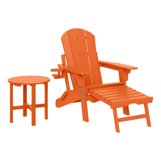 Malibu 2-Piece Outdoor Folding Adjustable Adirondack Chair with Cup Holder & Hideaway Ottoman and 18" Side Table