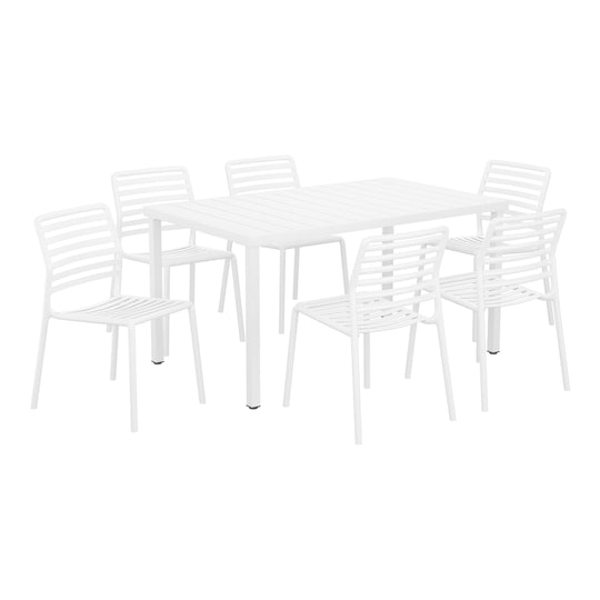 Playa 7-Piece Metal Rectangular Patio Dining Table Set With Stackable Plastic Dining Chairs For 6