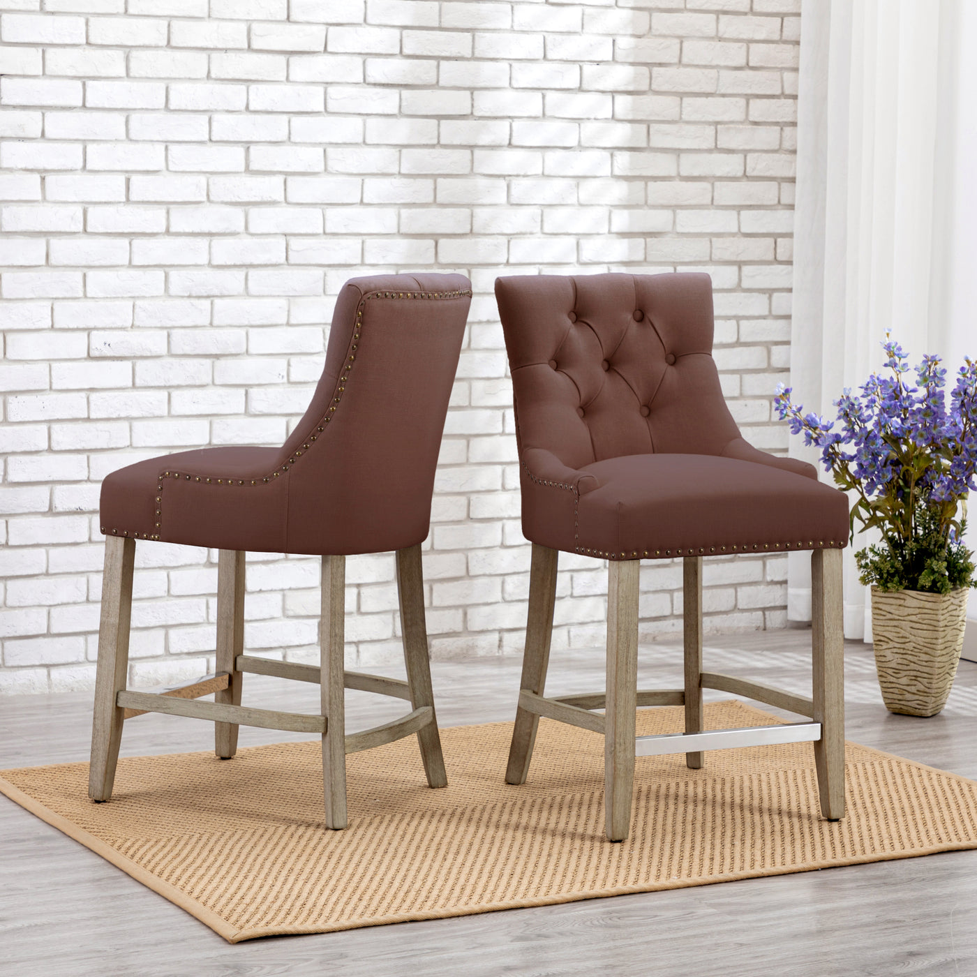 Hayes 24" Upholstered Tufted Wood Bar Stool (Set of 2), Antique Gray