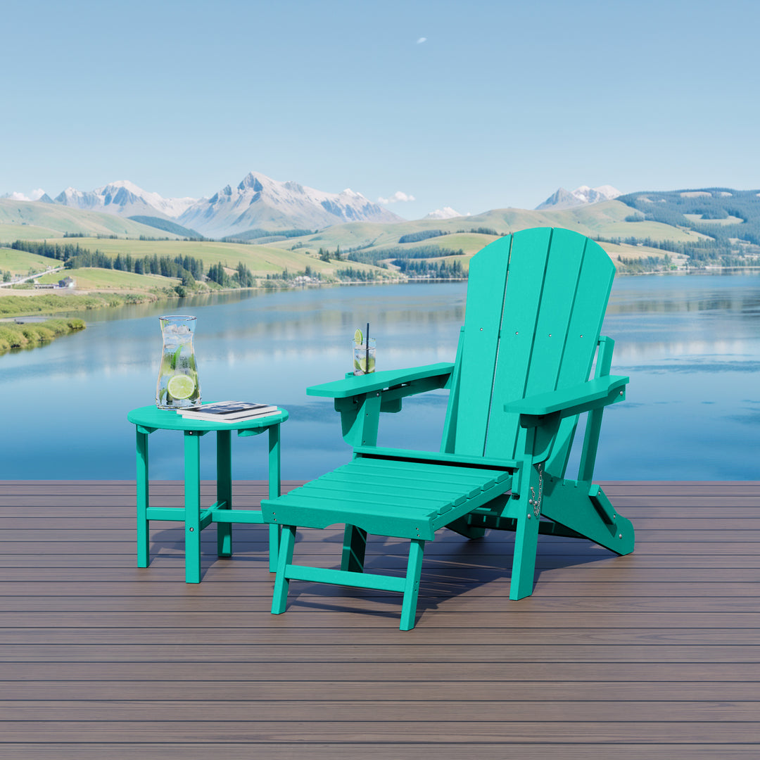 Malibu 2-Piece Outdoor Folding Adjustable Adirondack Chair with Cup Holder & Hideaway Ottoman and 18" Side Table