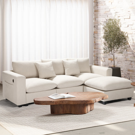 Hearthside 99" Modular Corduroy L-Shaped Sectional Sofa and Chaise With USB/Type-C Ports and Side Pockets