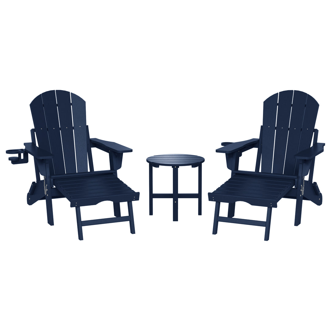 Malibu 3-Piece Outdoor Folding Adjustable Adirondack Chair with Cup Holder & Hideaway Ottoman and 18" Side Table