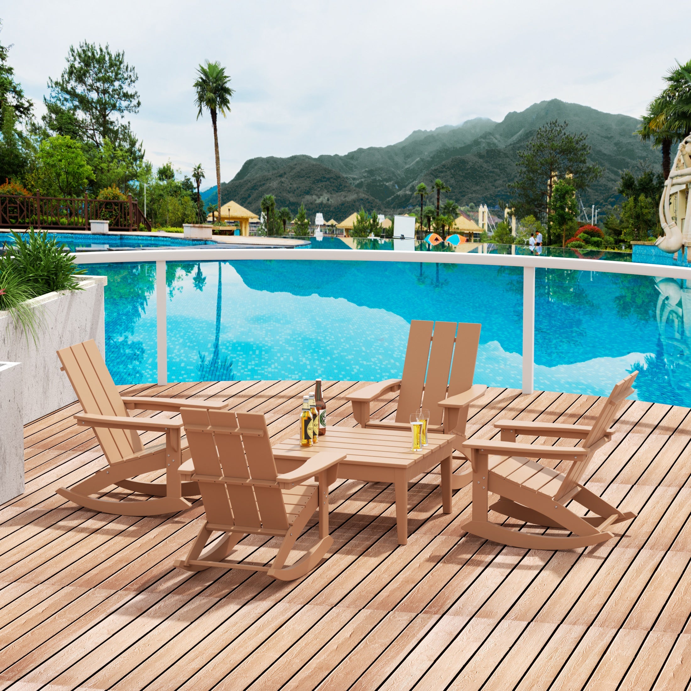 Ashore 5-Piece Set Modern Plastic Outdoor Rocking Chairs with Square Side Table