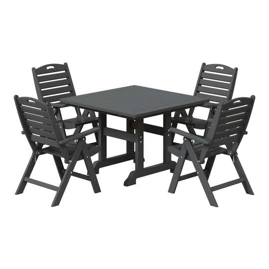 Malibu 5-Piece HDPE Square Patio Dining Table Set with Foldable Chairs