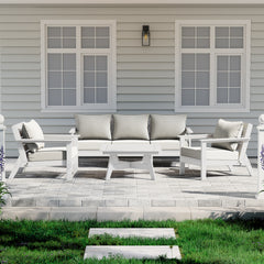Avalon 6 piece modular sectional sofa set in White with White cushions styled outdoors