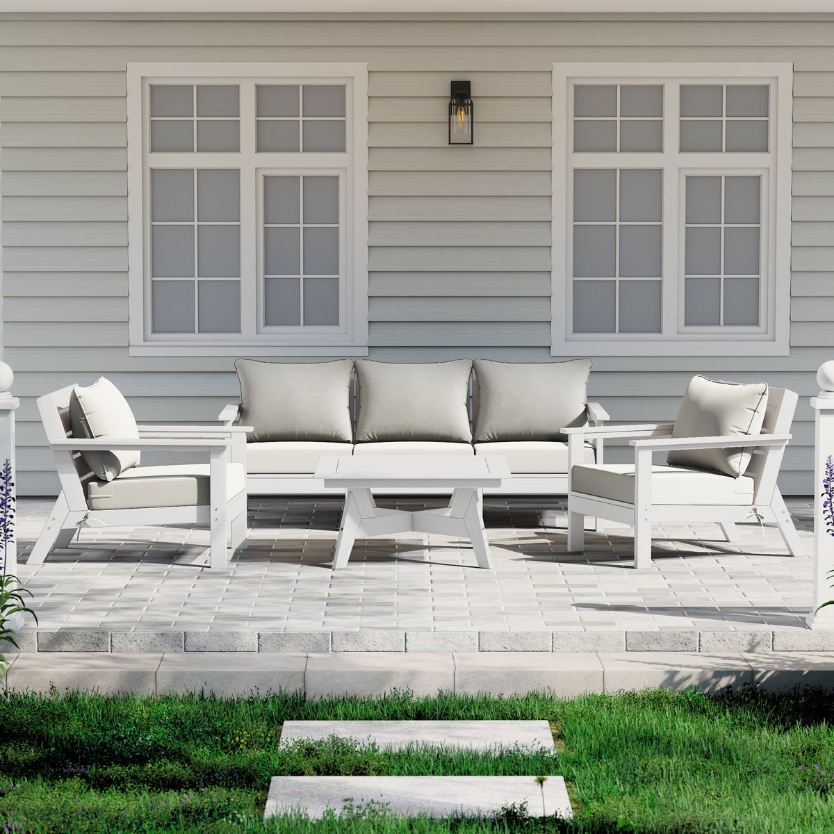 Avalon 6 piece modular sectional sofa set in White with White cushions styled outdoors