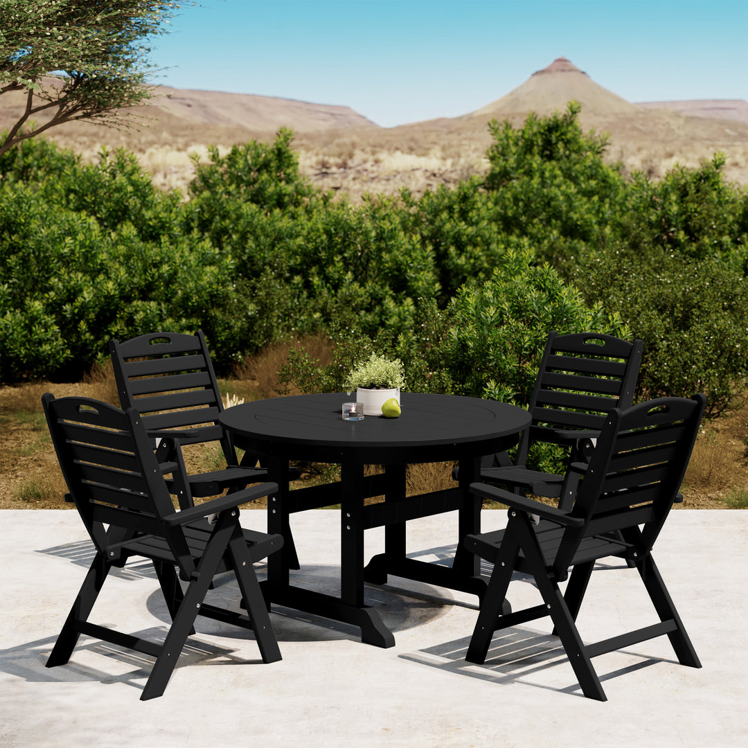 Malibu 5-Piece HDPE Round Patio Dining Table Set with Foldable Chairs