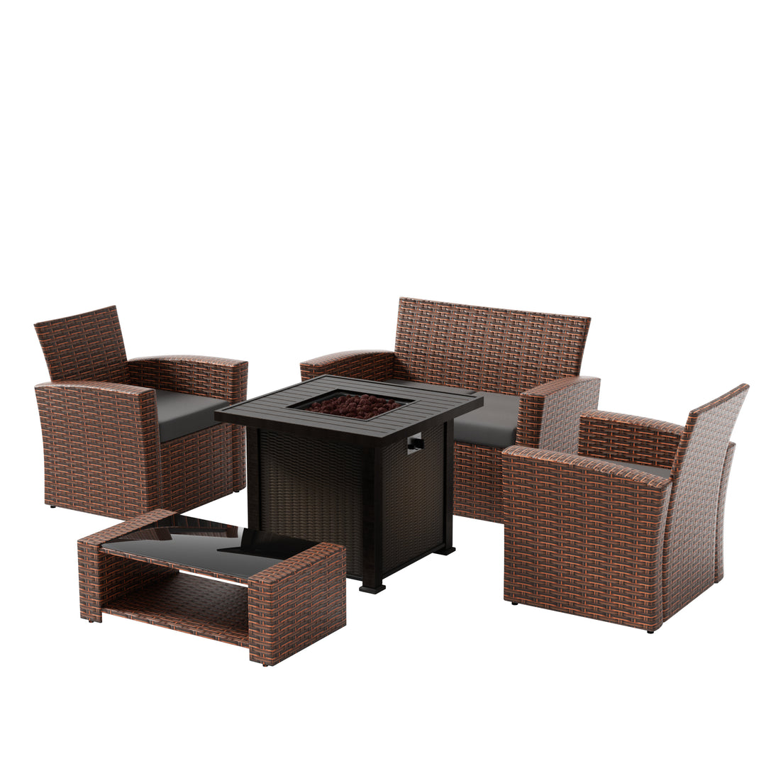 Coastal 4-Piece Brown Outdoor Patio Conversation Sofa Set with Square Fire Pit Table