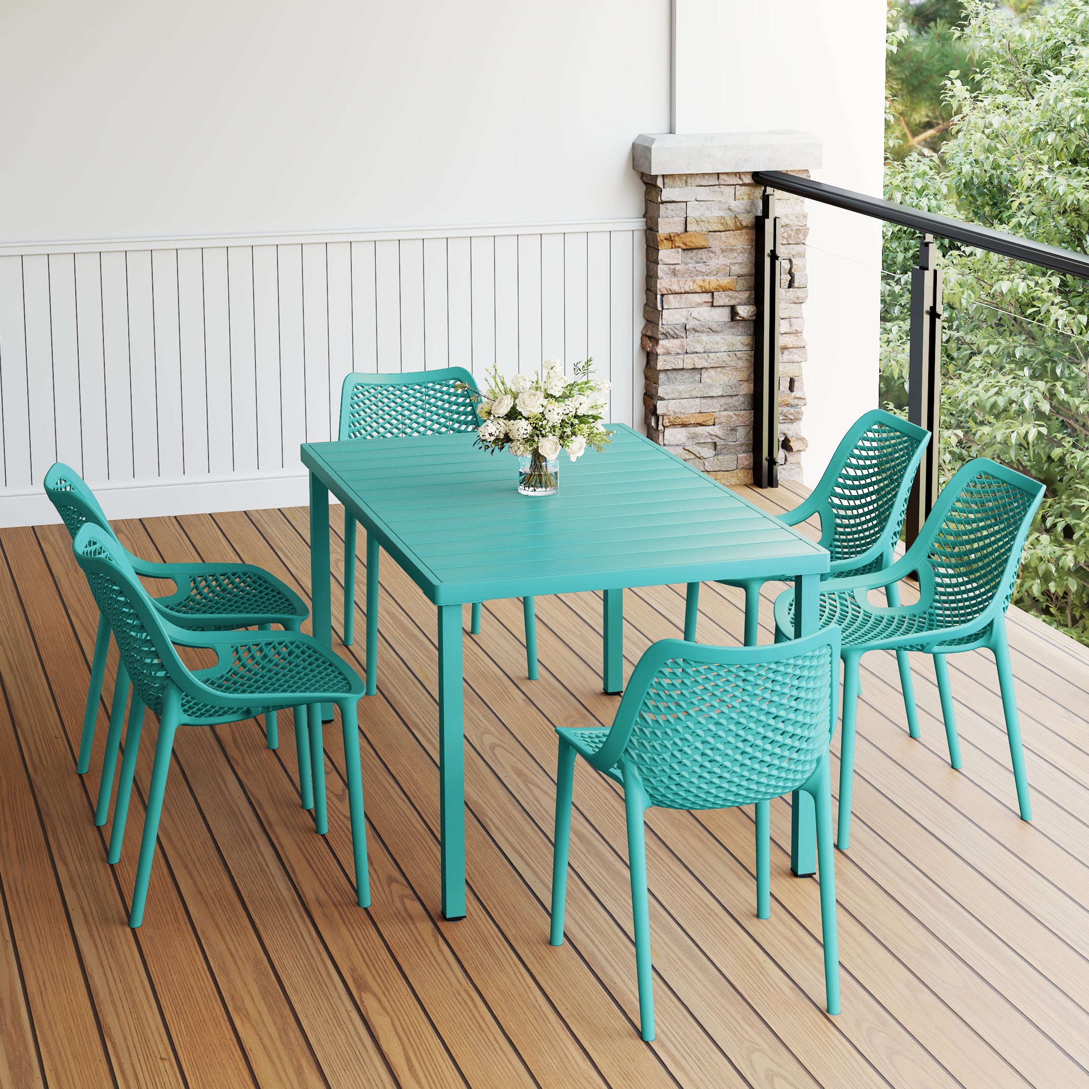 Playa 7-Piece Outdoor Metal Patio Dining Table Set With Stackable Patio Chairs