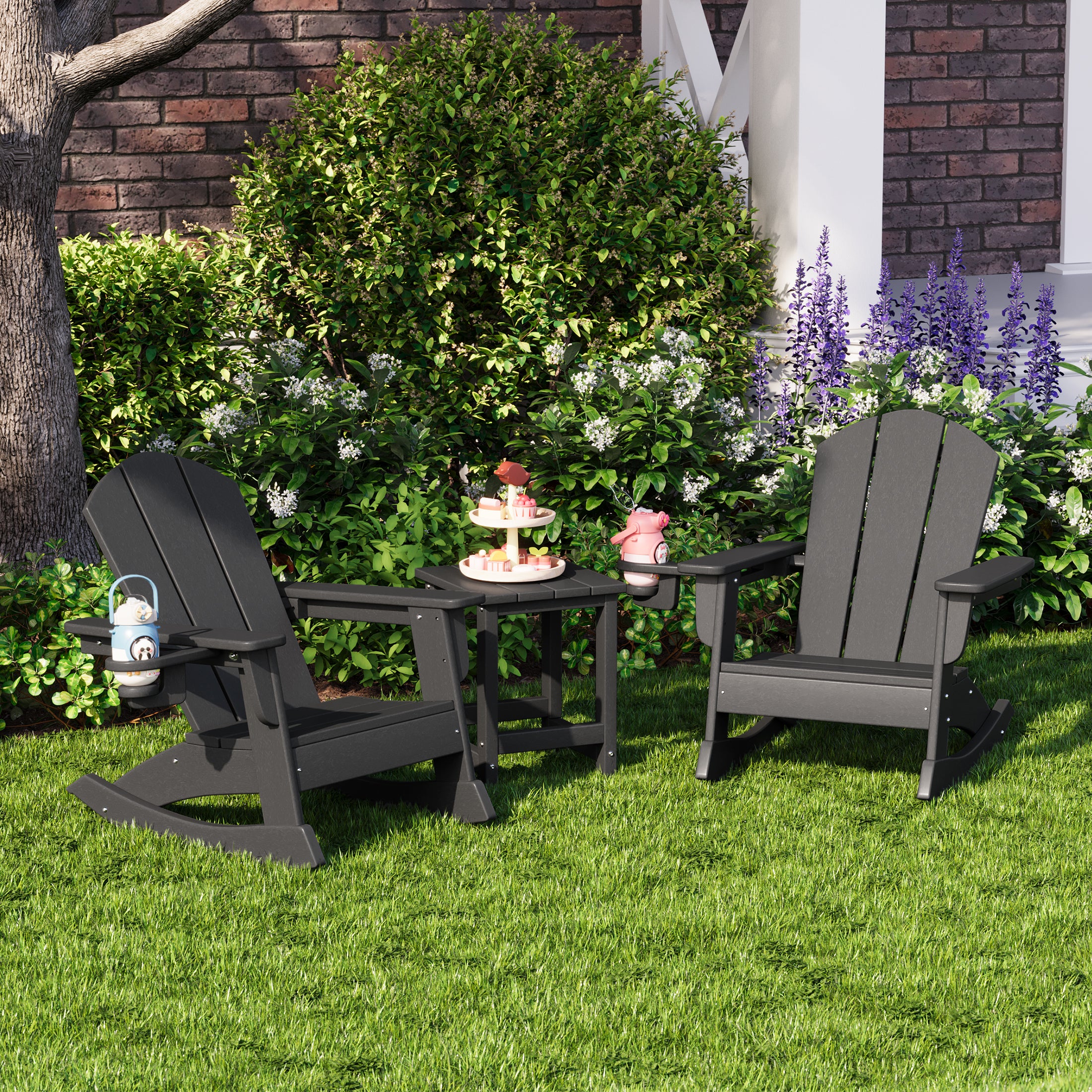 Malibu 3-Piece Kids Rocking Chair With Cup Holder and Square Side Table Set