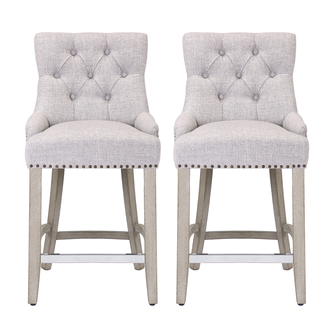 Hayes 24" Upholstered Tufted Wood Bar Stool (Set of 2), Antique Gray