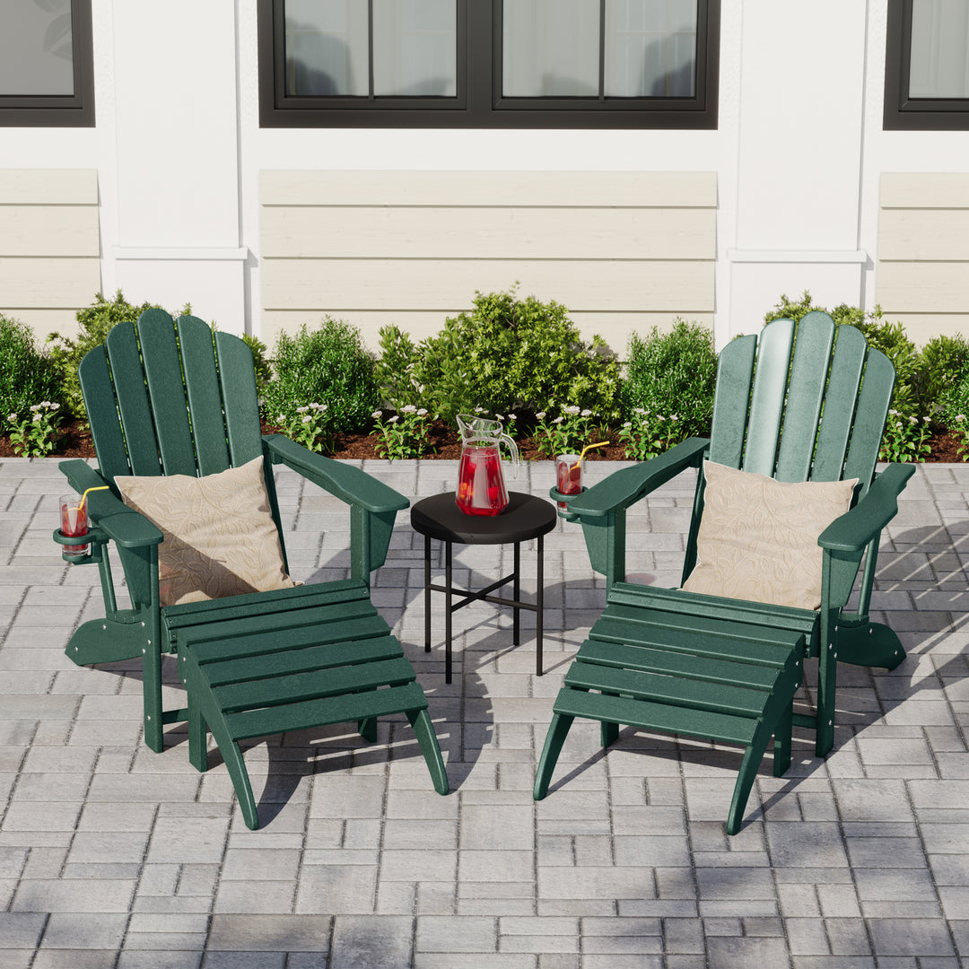 Highland 4-Piece Outdoor Patio HDPE Adirondack Chairs With Ottomans and Cup Holder Set