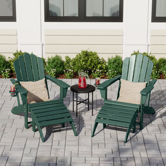 Highland 4-Piece Outdoor Patio HDPE Adirondack Chairs With Ottomans and Cup Holder Set