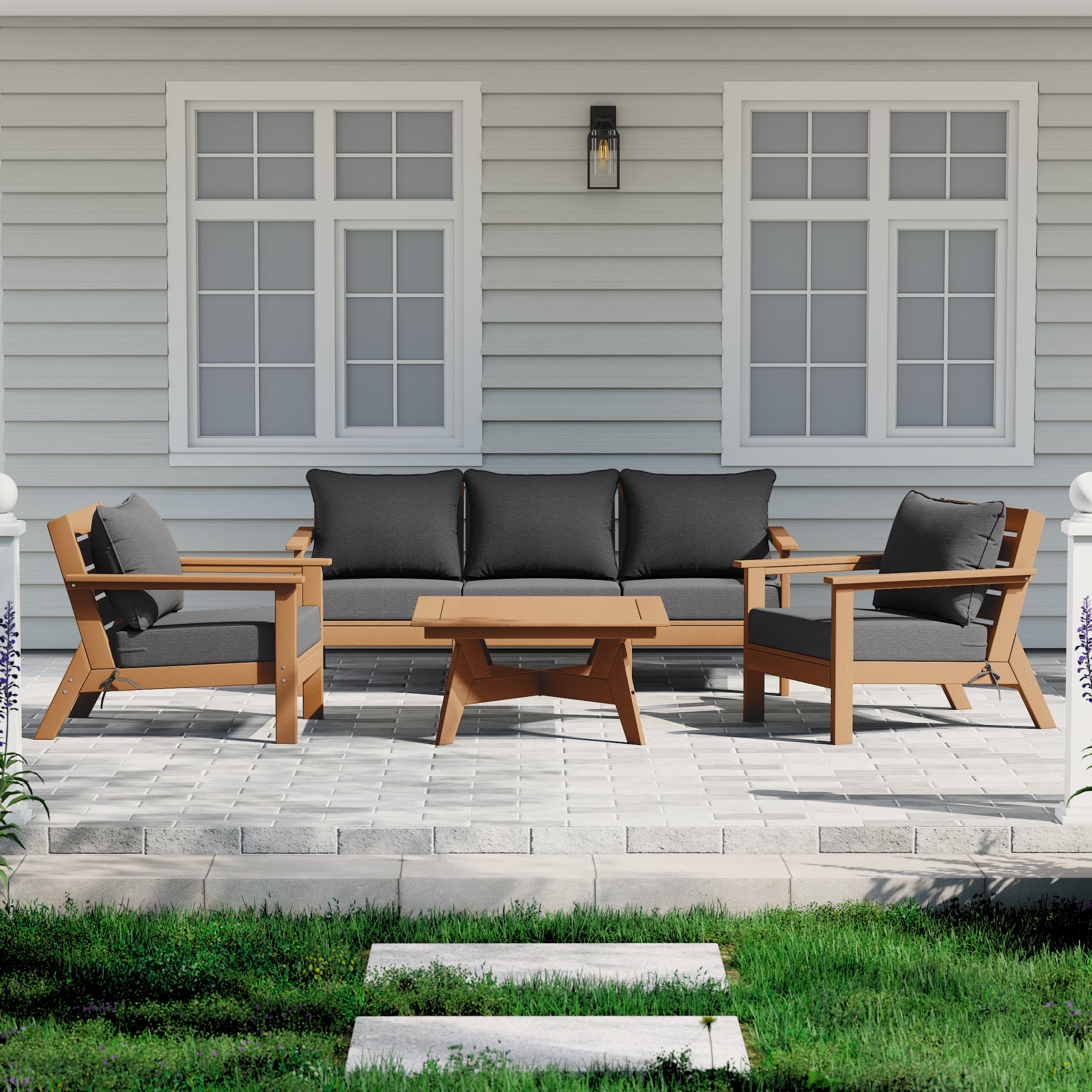 Avalon Outdoor 6-Piece Modular Sectional Patio Furniture Sofa Set in Teak Color Frame