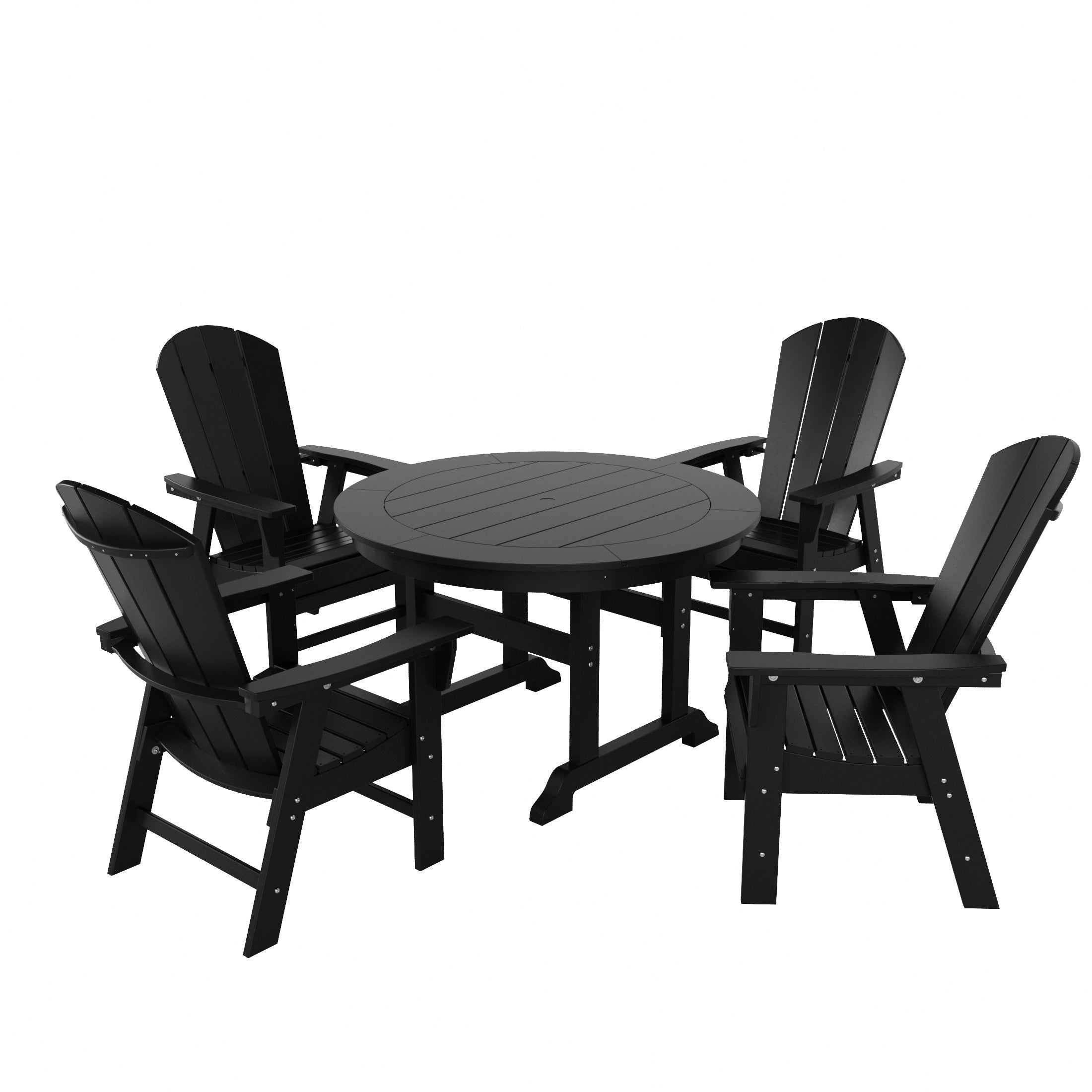 Malibu 5 Piece Outdoor Patio Dining Round Table and Curved Back Armchair Set