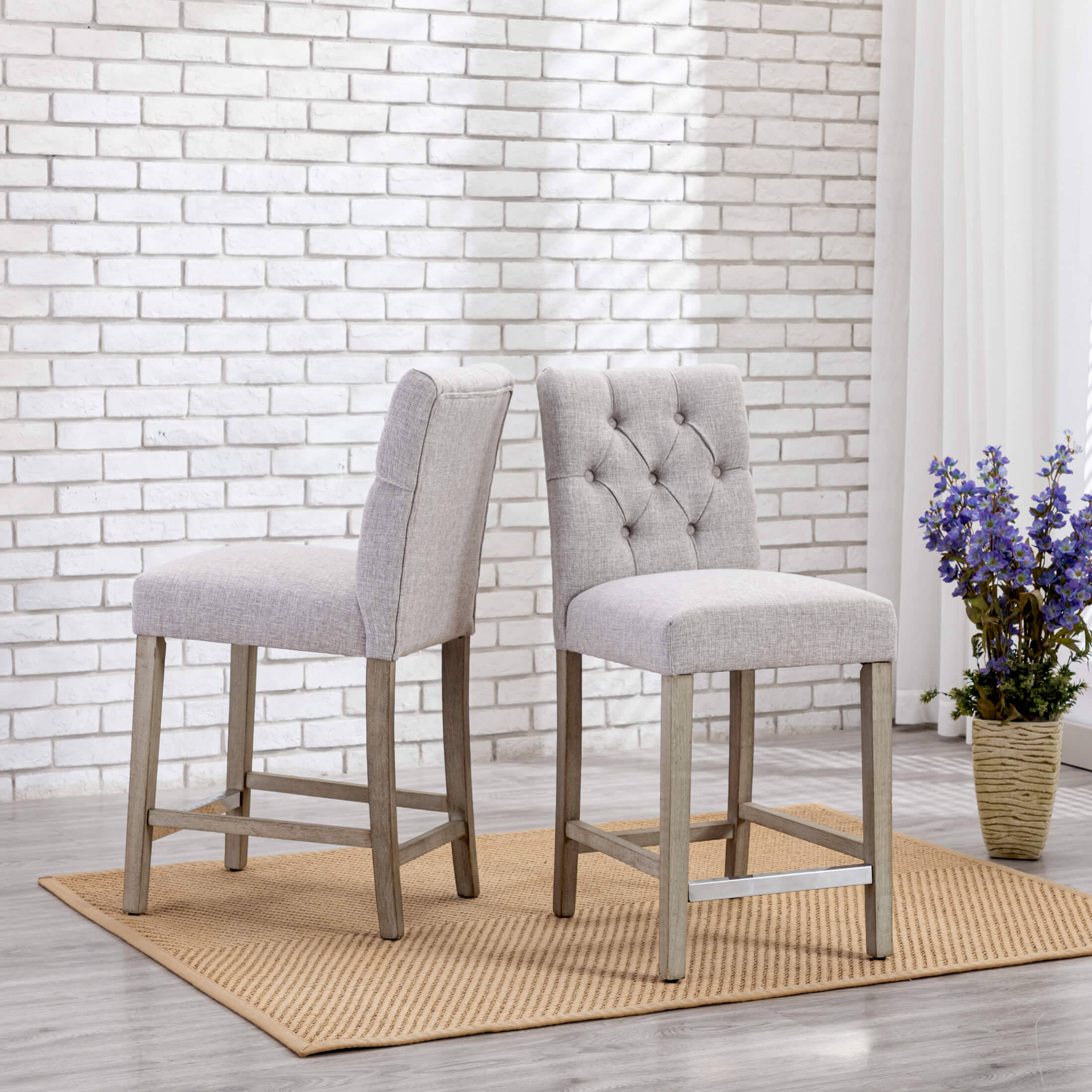 Hayes 24" Linen Fabric Tufted Counter Stool (Set of 2),Antique Gray