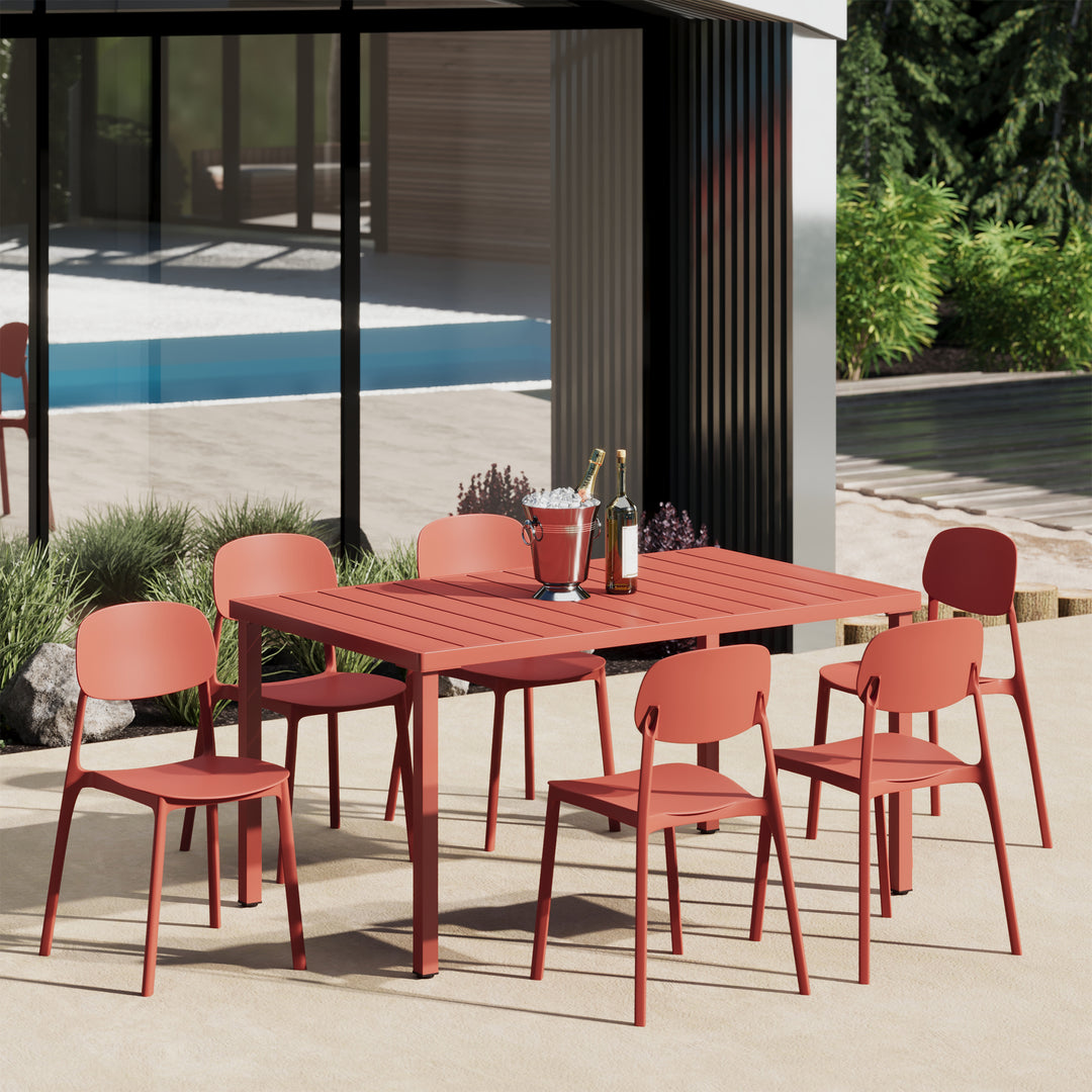 Playa 7-Piece Outdoor Rectangular Metal Patio Dining Table Set With Mid-Century Modern Stackable Patio Side Chairs