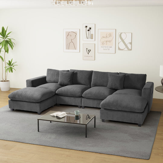 Hearthside 128" Corduroy Modular U-Shaped Sectional Couch and Chaise With USB/Type-C Ports and Side Pockets