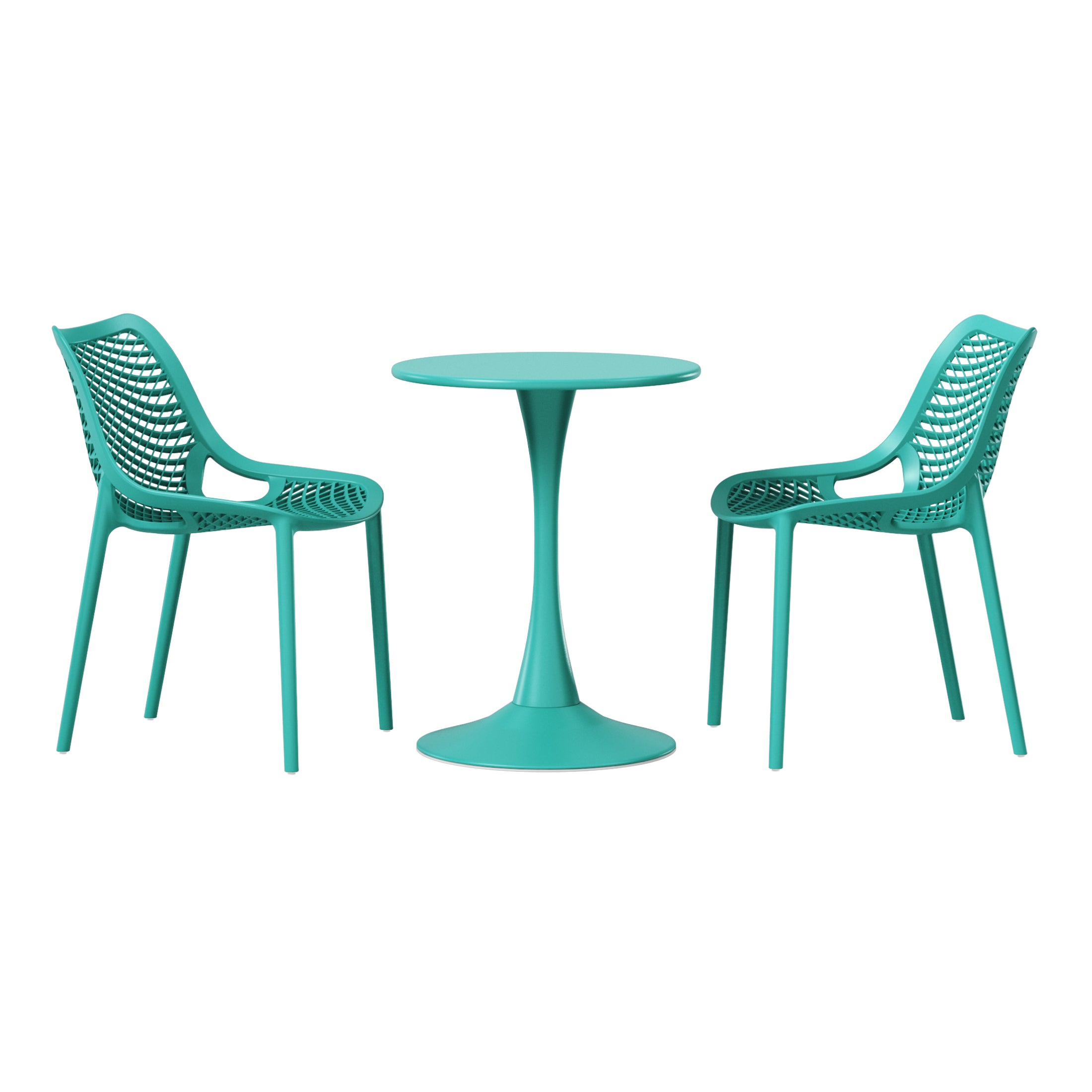 Playa 3-Piece Outdoor Round Metal Dining Table Set And Stackable Resin Patio Dining Side Chairs