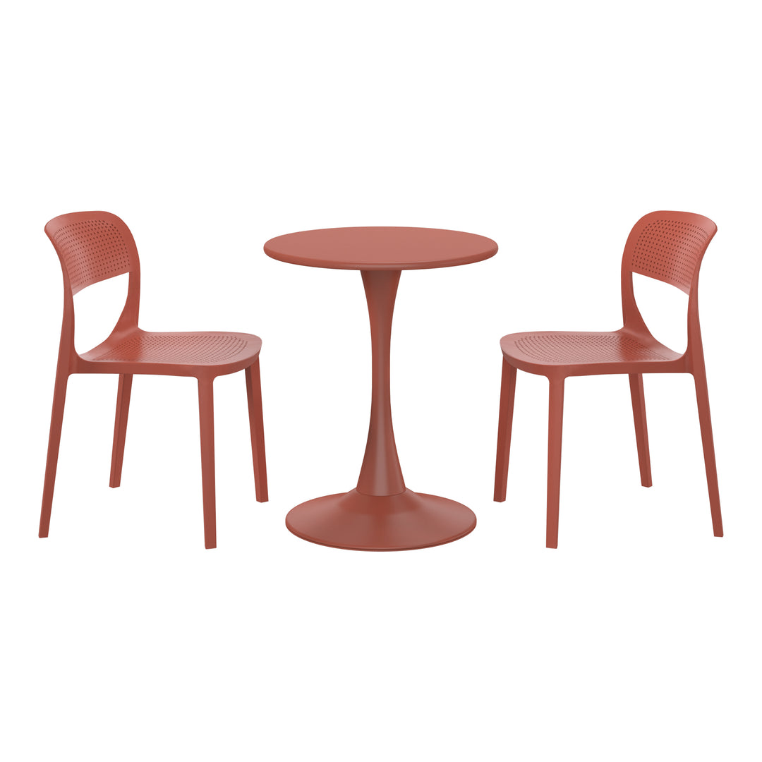 Playa 3-Piece Round Metal Bistro Dining Table Set And Stackable Resin Patio Dining Side Chairs