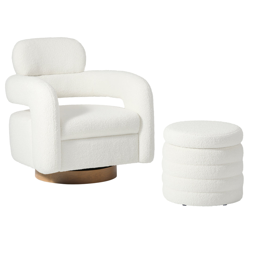 Alexandria Mid-Century Modern Sherpa Swivel Barrel Accent Chair With Storage Ottoman