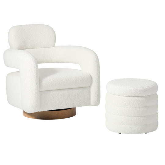 Alexandria Mid-Century Modern Sherpa Swivel Barrel Accent Chair With Storage Ottoman
